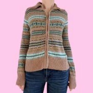 NorthStyle Y2K Patterned Cardigan in Brown and Blue